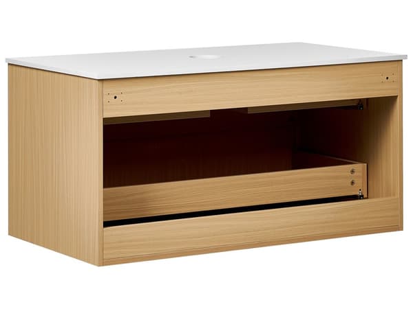 Väggmonterat Badrumsskåp Ljust Trä MDF-Stomme 100 x 52 cm Räfflad Front med 2 Lådor Modern Design Badrum
