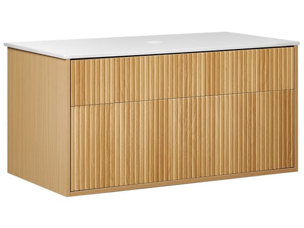 Väggmonterat Badrumsskåp Ljust Trä MDF-Stomme 100 x 52 cm Räfflad Front med 2 Lådor Modern Design Badrum