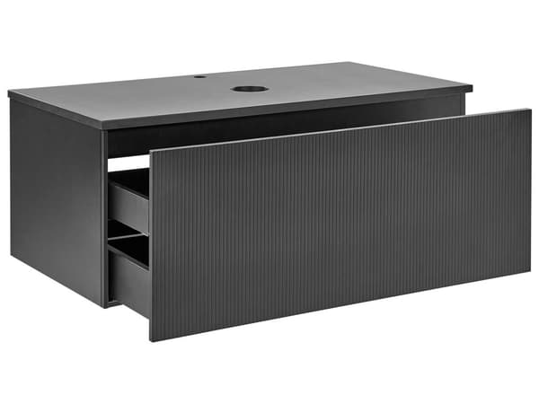 Badrumsskåp Väggmonterat Svart MDF-stomme 100 x 52 cm Räfflad Front med 1 Låda Förskuret Hål