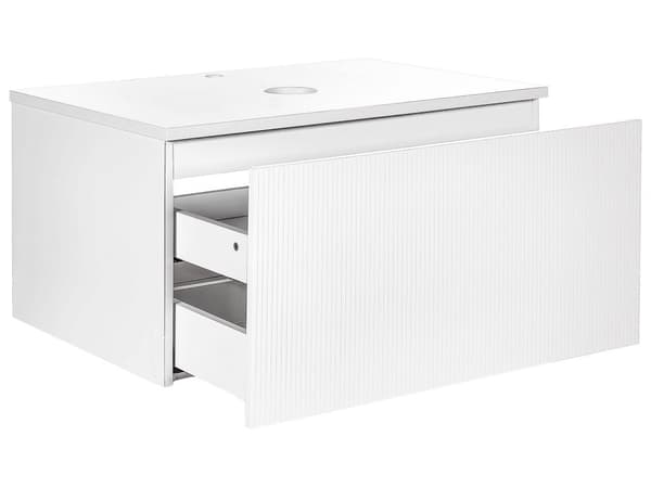 Badrumsskåp Väggmonterat Vit MDF-stomme 80 x 52 cm Räfflad Front med 1 Låda Förskuret Hål