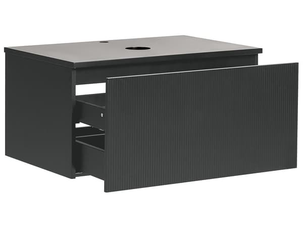 Badrumsskåp Väggmonterat Svart MDF-stomme 80 x 52 cm Räfflad Front med 1 Låda Förskuret Hål