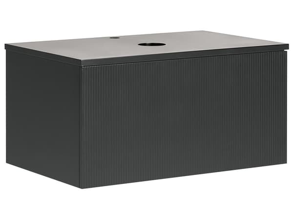 Badrumsskåp Väggmonterat Svart MDF-stomme 80 x 52 cm Räfflad Front med 1 Låda Förskuret Hål