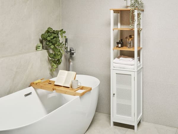 Badrumsskåp Vit MDF 30 x 160 cm Hög med Hyllor Badrumsförvaring