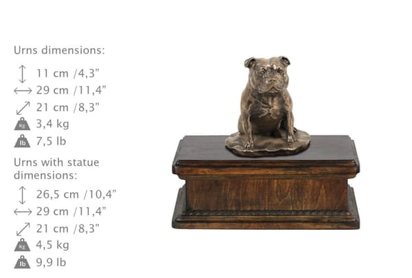 Staffordshire Bull Terrier, Staffik, Staffi I - urne til hundeaske, klassisk urne med statuette, elegant urne med hund fra Art-Dog