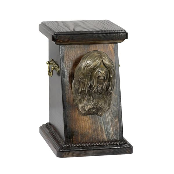 Tibetansk terrier, tibetansk terrier - urna för hundaska, elegant urna med statyett, souvenirurna med hundbyst av Art-Dog