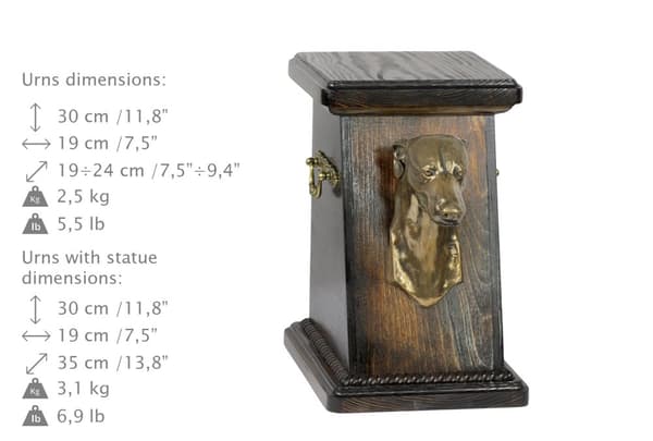 Greyhound, engelsk vinthund - urna för hundaska, elegant urna med statyett, souvenirurna med hundbyst av Art-Dog