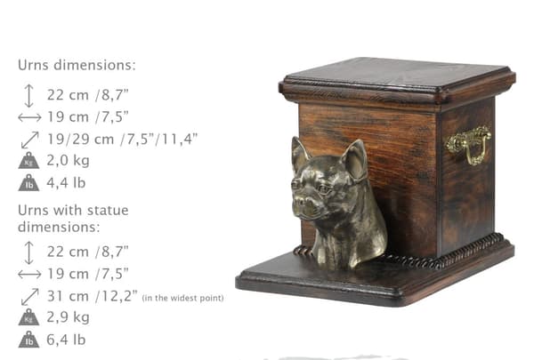 Korthåret Chihuahua I - urne til hundeaske med statuette, elegant urne til hund, unik urne med hundebuste af Art-Dog