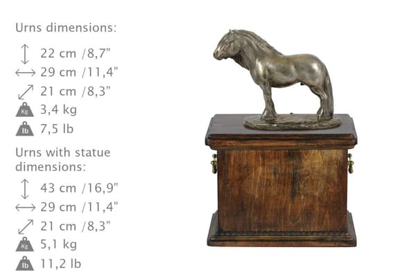 Fell Pony hest - hingst - urne til hesteaske, urne med statuette, elegant urne med hest af Art-Dog