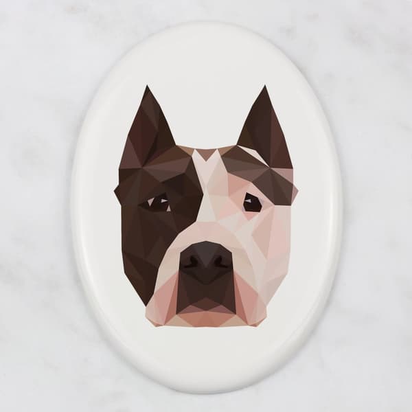 Amerikkalainen staffordshiren terrieri, Amstaff, Amstaf - laatta valokuvalla ja geometrisella kirjoituksella Art-Dog