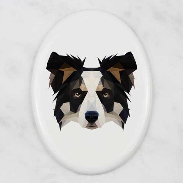 Bordercollie - laatta, jossa on valokuva ja geometrinen kirjoitus Art-Dogilta