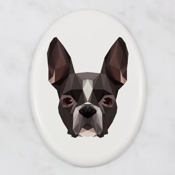 Boston Terrier, Boston Bull Terrier - en bricka med ett foto och en geometrisk inskription av Art-Dog