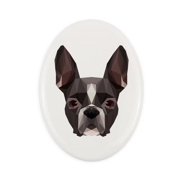 Boston Terrier, Boston Bull Terrier - en bricka med ett foto och en geometrisk inskription av Art-Dog