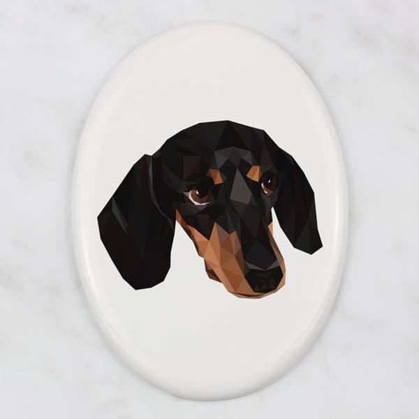 Korthårig tax - en bricka med ett foto och en geometrisk inskription av Art-Dog
