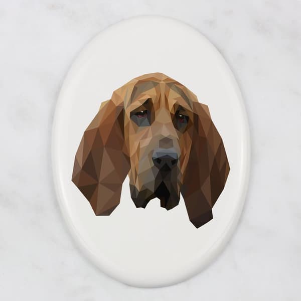 Blodhund, helgons hund Hubert - en bricka med ett foto och en geometrisk inskription av Art-Dog