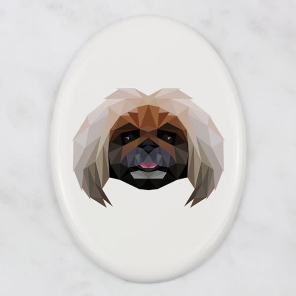 Pekingeser - en flise med et foto og en geometrisk inskription af Art-Dog