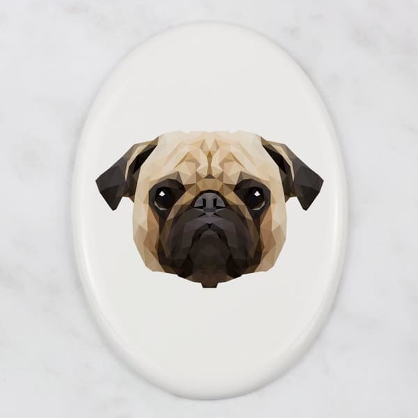 Pug, Pug, Carlin - en flise med et foto og en geometrisk inskription af Art-Dog