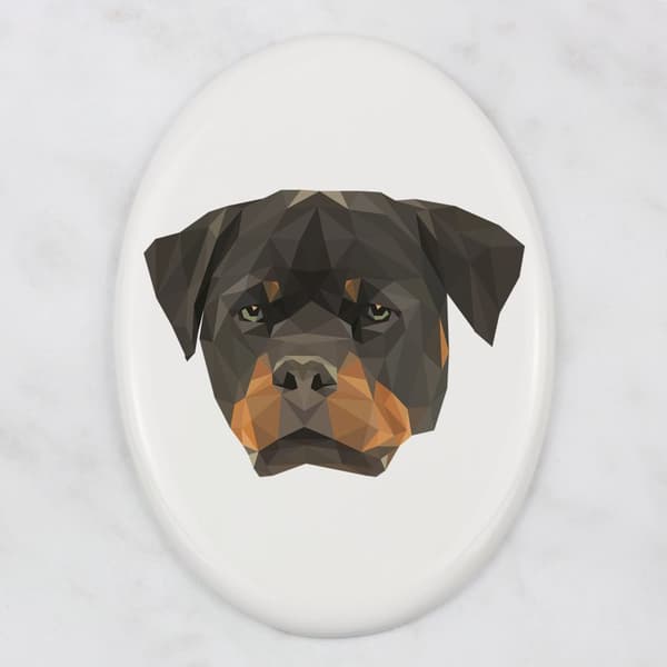 Rottweiler - laatta, jossa on valokuva ja geometrinen kirjoitus Art-Dogilta
