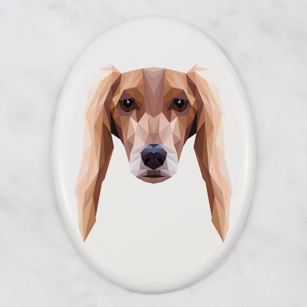 Persianvinttikoira, Saluki - Art-Dogin laatta valokuvalla ja geometrisella kirjoituksella