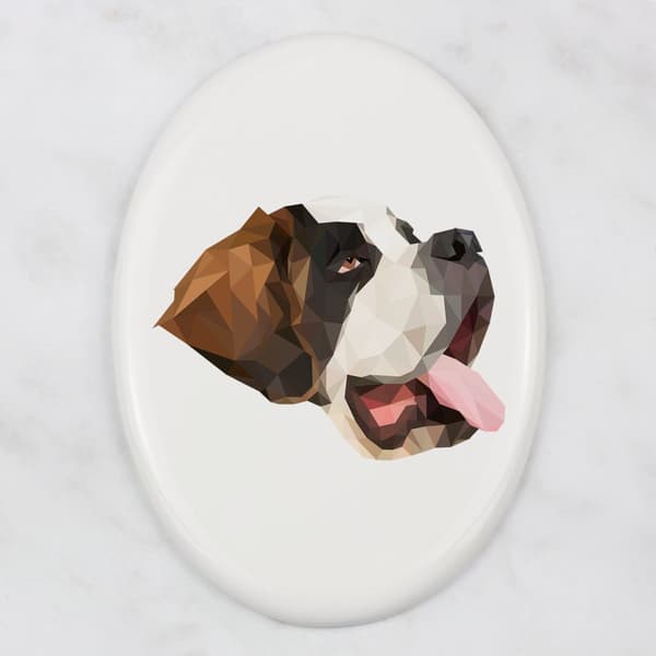 St. Bernard, hund fra St. Bernarda - en flise med et foto og en geometrisk inskription af Art-Dog