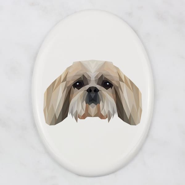 Shih Tzu, Shi tsu, Shi-Tzu, Szi-cu, Szitzu - geometrisk flise med et foto og inskription af Art-Dog
