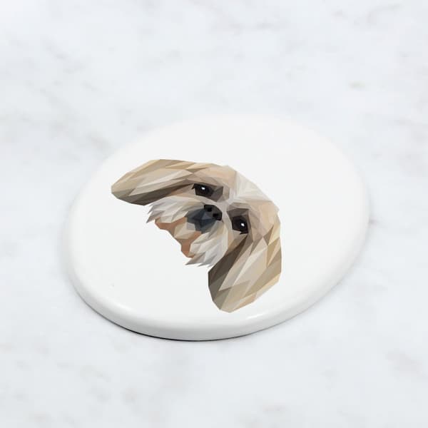 Shih Tzu, Shi tsu, Shi-Tzu, Szi-cu, Szitzu - geometrisk flise med et foto og inskription af Art-Dog