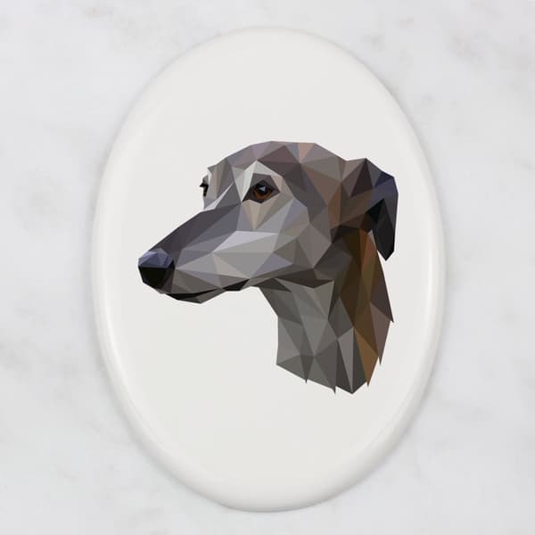 Greyhound, engelsk vinthund - en bricka med ett foto och en geometrisk inskription av Art-Dog