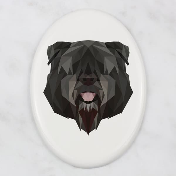 Bouvier des Flandres - laatta, jossa on valokuva ja geometrinen kirjoitus Art-Dogilta