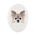 Pikkukuva 1 / 4: Pitkäkarvainen Chihuahua - levy valokuvalla ja geometrisella kirjoituksella Art-Dogilta