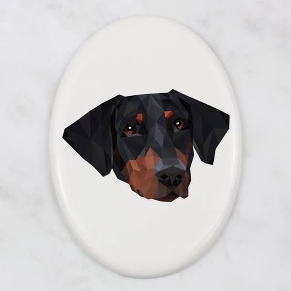 Doberman, Dobermann - laatta, jossa on valokuva ja geometrinen kirjoitus Art-Dogilta
