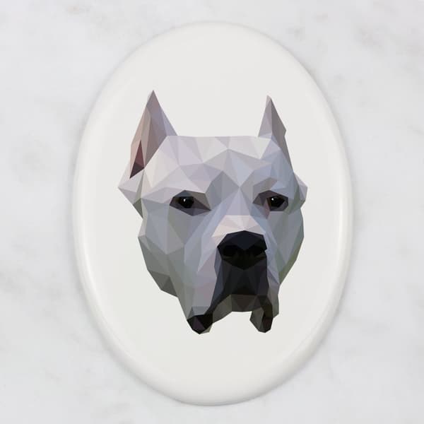 Argentiinalainen koira, Dogo Argentino - geometrinen laatta, jossa on Art-Dogin valokuva ja kaiverrus