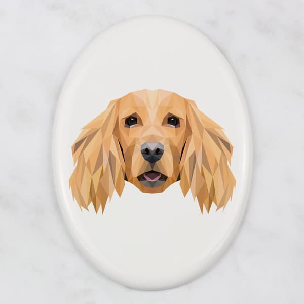 Engelsk Cocker Spaniel - en flise med et foto og en geometrisk inskription af Art-Dog