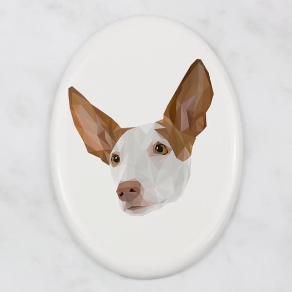 Podenco fra Ibiza, Podenco Ibicenco - geometrisk flise med foto og inskription af Art-Dog