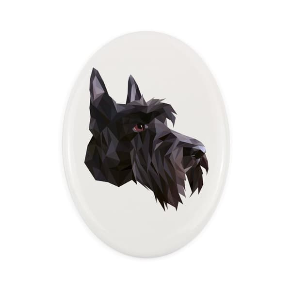 Skotsk terrier, Aberdeen terrier - en flise med et foto og en geometrisk inskription af Art-Dog