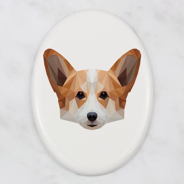 Pembroke Welsh Corgi - laatta, jossa on valokuva ja geometrinen kirjoitus Art-Dogilta