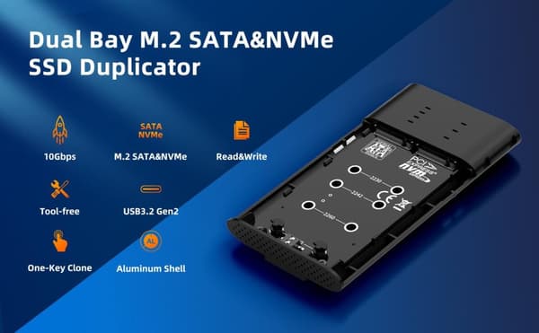 Maiwo Ekstern HDD-klonkabinett M.2 SATA og NVMe SSD USB3.2 10 Gbps 1:1 HDD-klon
