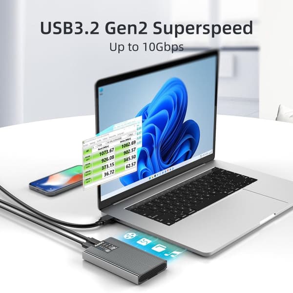 Maiwo Ekstern HDD-klonkabinett M.2 SATA og NVMe SSD USB3.2 10 Gbps 1:1 HDD-klon