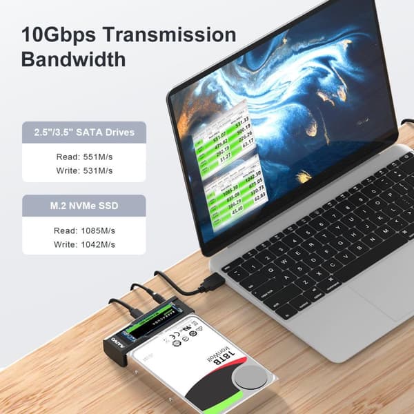 Maiwo Offline-kiintolevyn kloonaava NVMe M.2 SSD 2,5" ja 3,5" SATA HDD USB-C 3.2 10Gbps
