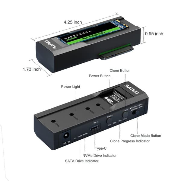 Maiwo Offline-kiintolevyn kloonaava NVMe M.2 SSD 2,5" ja 3,5" SATA HDD USB-C 3.2 10Gbps