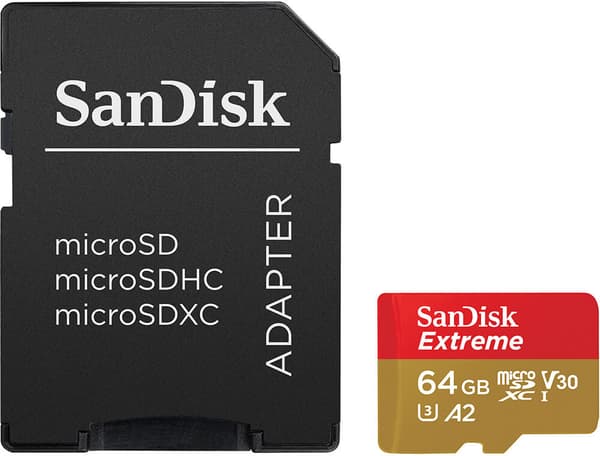 SanDisk Extreme microSDXC 64GB + SD Adapter + 1 year RescuePRO Deluxe up to 170MB/s & 80MB/s Read/Write speeds A2 C10 V30 UHS-I U3