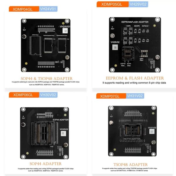 Xhorse Adapter Sæt, Indeholder SOP44, TSOP48, EEPROM & FLASH, CE Certificeret,ALLE 4 STK Adapter