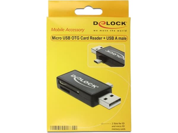 DeLOCK Micro USB OTG kortinlukija + USB A uros - Kortinlukija (MMC, SD, microSD, SDHC, microSDHC, SDXC, microSDXC) - USB - USB