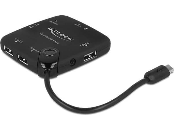 DeLOCK Micro USB OTG-kortläsare + USB-hub med 3 portar - Kortläsare (MS, MS PRO, MMC, SD, MS Duo, MS PRO Duo, RS-MMC, TransFlash, microSD, MMCmicro,