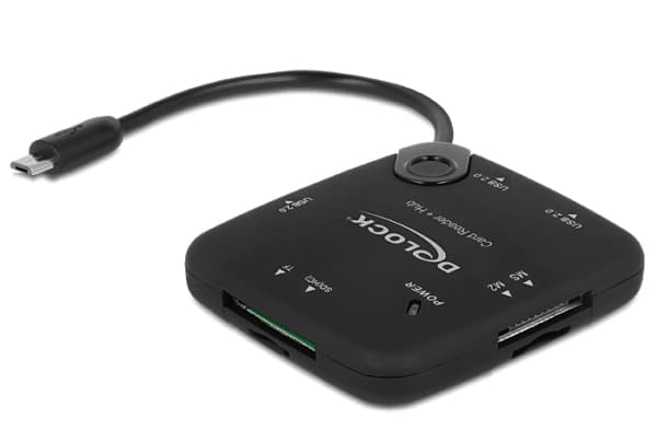 DeLOCK Micro USB OTG-kortläsare + USB-hub med 3 portar - Kortläsare (MS, MS PRO, MMC, SD, MS Duo, MS PRO Duo, RS-MMC, TransFlash, microSD, MMCmicro,