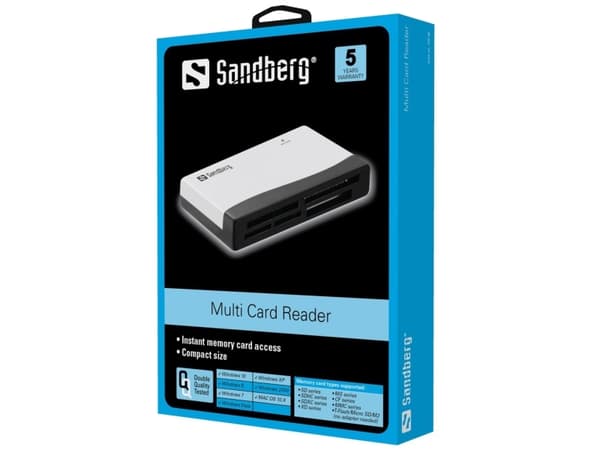 Sandberg Multi Card Reader, CF, MMC, Muistitikku (MS), MicroSD (TransFlash), SD, SDHC, SDXC, xD, Musta, Valkoinen, 480 Mbit/s, RoHS compliance, USB,