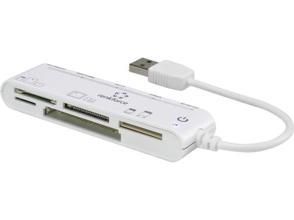 Renkforce CR45e, CF, CF-tyyppi II, MMC, MMC Mobile, MMC+, MS Duo, MS PRO, MS PRO Duo, Muistitikku (MS), MicroSD..., Valkoinen, USB, 101 mm, 27 mm, 15