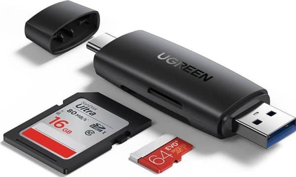 USB + USB-C-sovitin UGREEN CM304 SD + microSD-kortinlukija (musta)