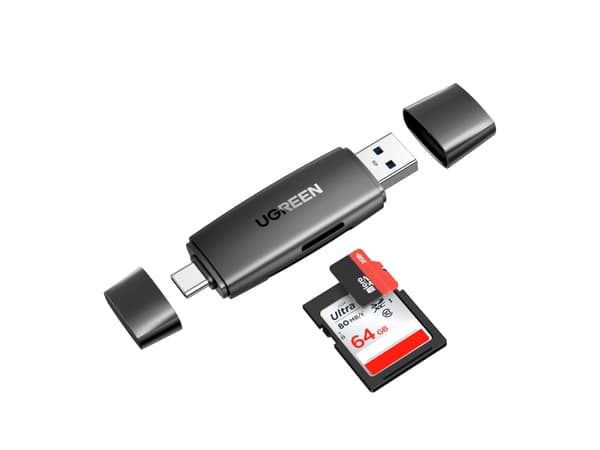 USB + USB-C-sovitin UGREEN CM304 SD + microSD-kortinlukija (musta)