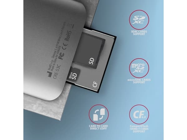 Axagon CRE-S3C, MMC, MMC Mobile, MicroSD (TransFlash), MicroSDHC, MicroSDXC, MiniSD, MiniSDHC, RS-MMC, SD, SDHC,..., Grå, 312 Mbit/s, Alumiini, Windo
