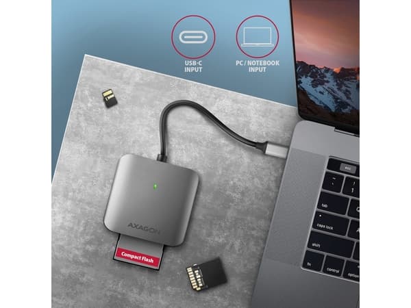 Axagon CRE-S3C, MMC, MMC Mobile, MicroSD (TransFlash), MicroSDHC, MicroSDXC, MiniSD, MiniSDHC, RS-MMC, SD, SDHC,..., Grå, 312 Mbit/s, Alumiini, Windo