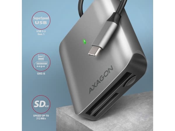 Axagon CRE-S3C, MMC, MMC Mobile, MicroSD (TransFlash), MicroSDHC, MicroSDXC, MiniSD, MiniSDHC, RS-MMC, SD, SDHC,..., Grå, 312 Mbit/s, Alumiini, Windo
